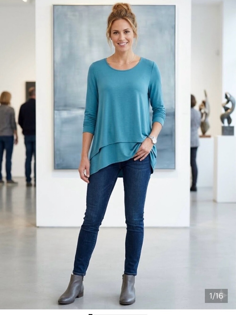 Soft Surroundings Aqua Teal Blue 3/4 sleeve scoop neck layered tunic top Large.